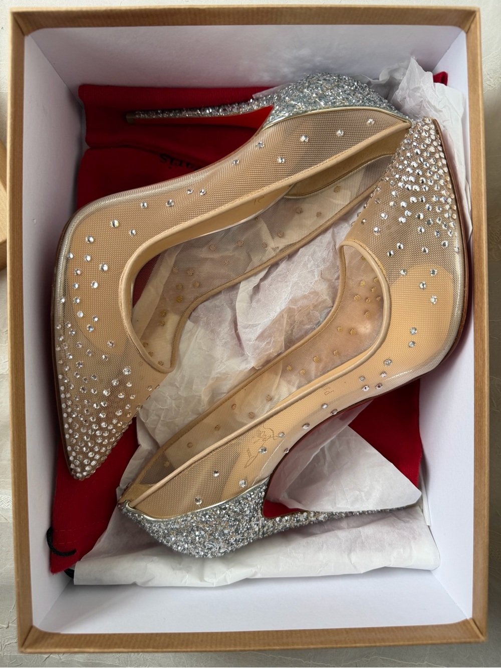 Christian Louboutin Nude Mesh Crystal Pointed-Toe Pumps with Silver Glitter Heel